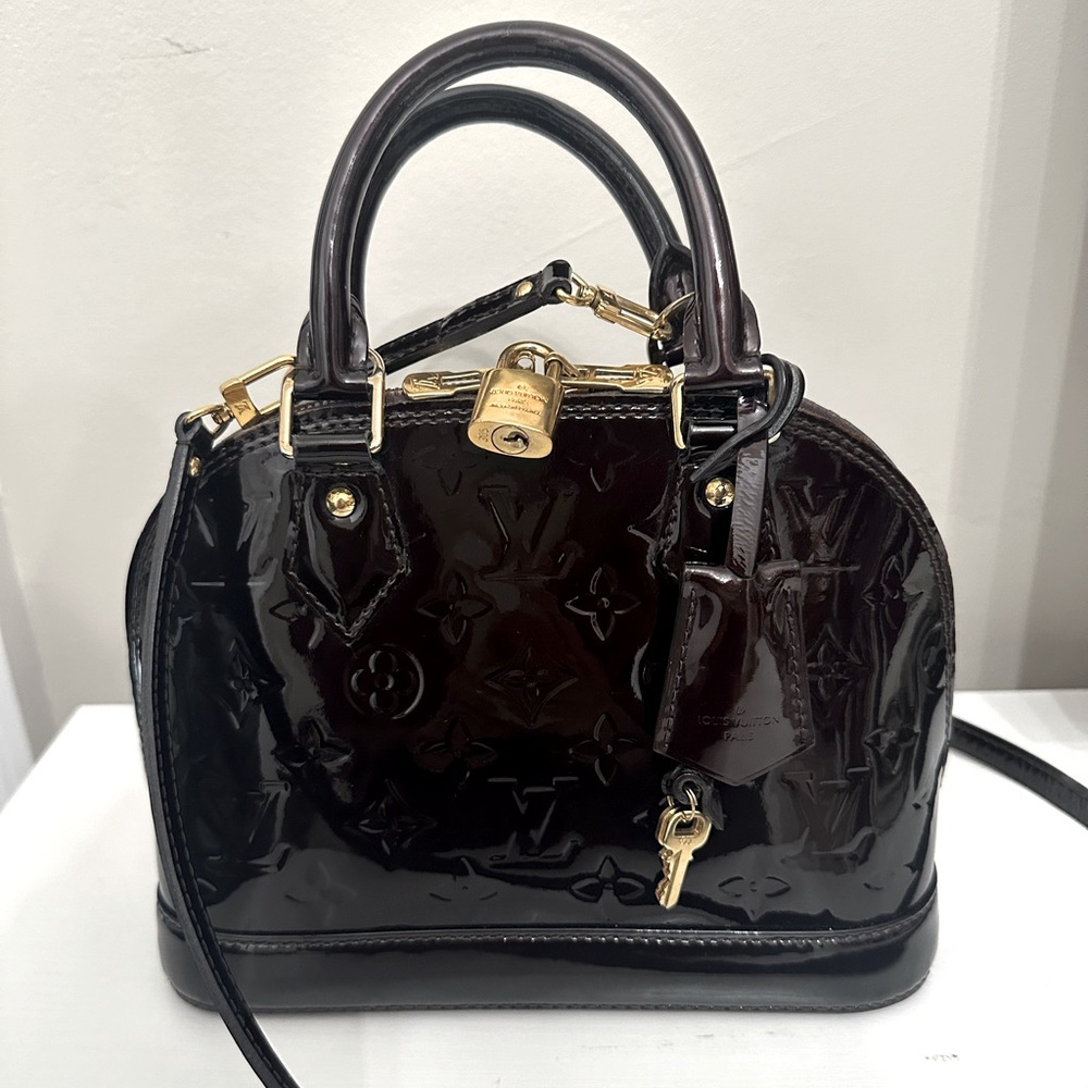 Authentic LOUIS VUITTON Alma BB Monogram Vernis Satchel Bag Dark Burgundy LV bag